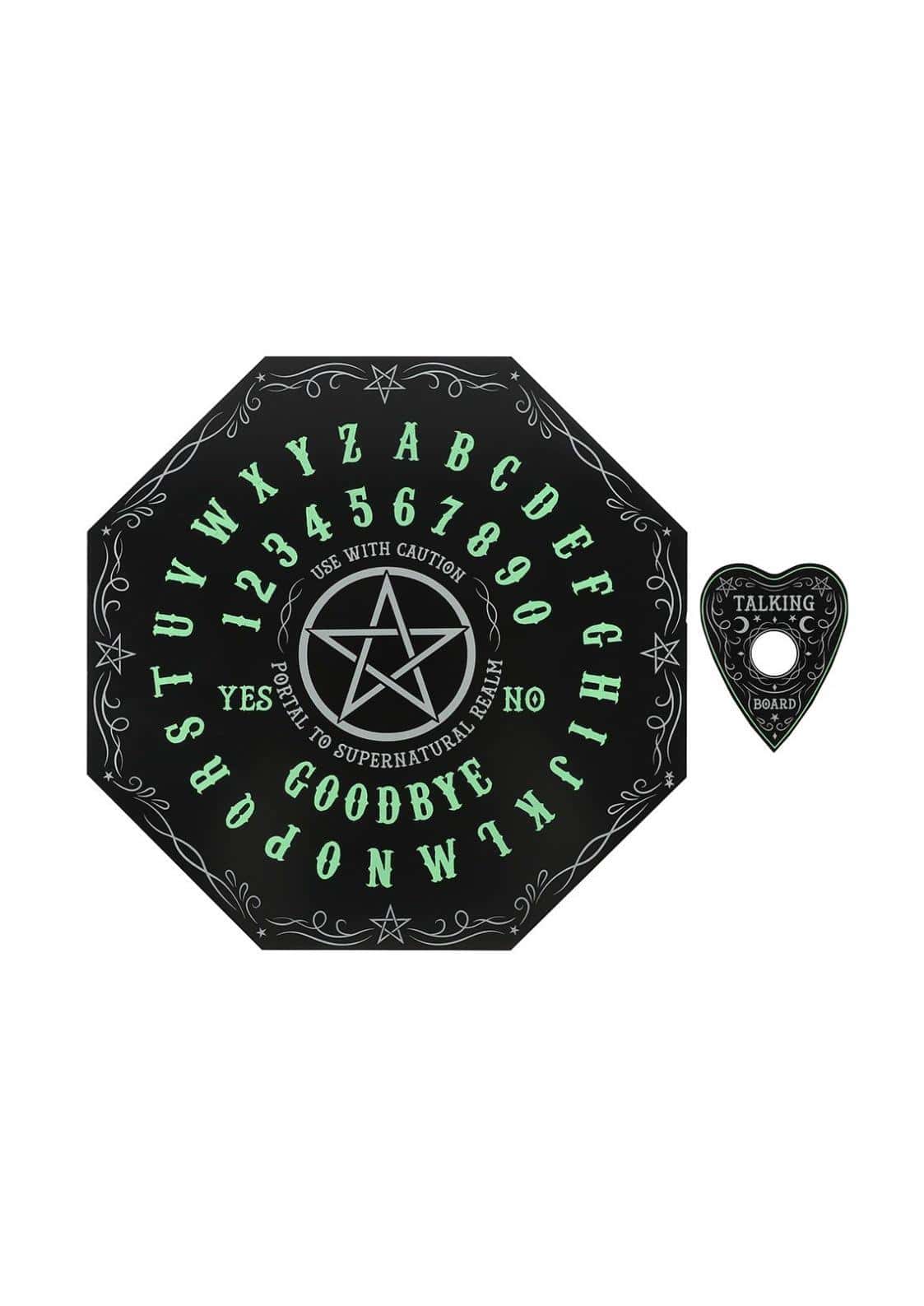 Schwarzes achteckiges glow in the dark ouija board mit leuchtend grünen buchstaben und pentagramm spirit board